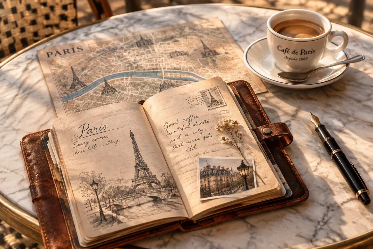 Carnet de voyage parisien sur une table de café