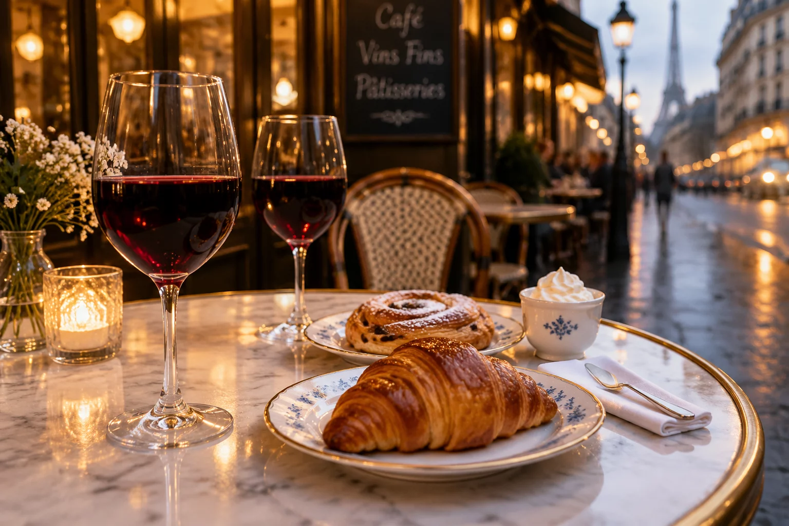 Terrasse de bistrot parisien typique avec verres de vin et pâtisseries