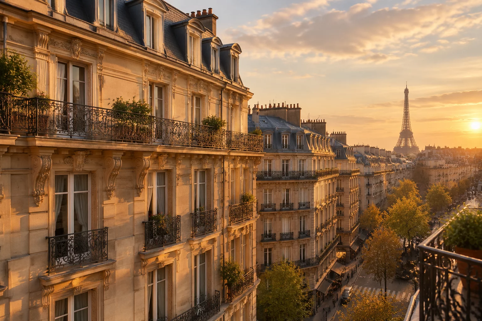 Façades haussmanniennes élégantes et balcon en fer forgé à Paris