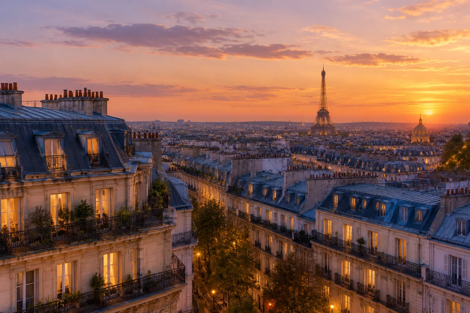 Vue panoramique élégante sur les toits de Paris au crépuscule