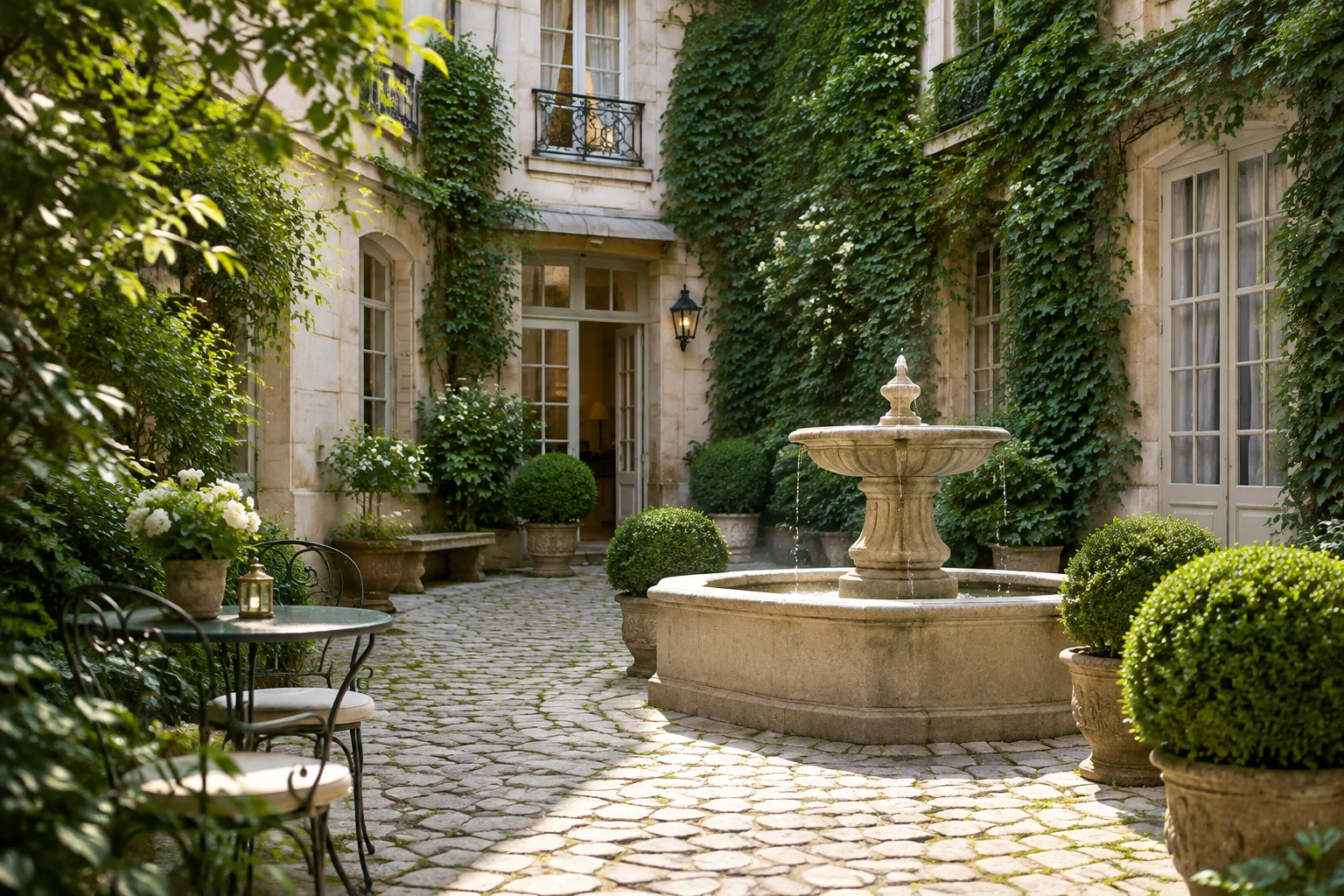 Cour intérieure pavée et jardin secret confidentiel à Paris