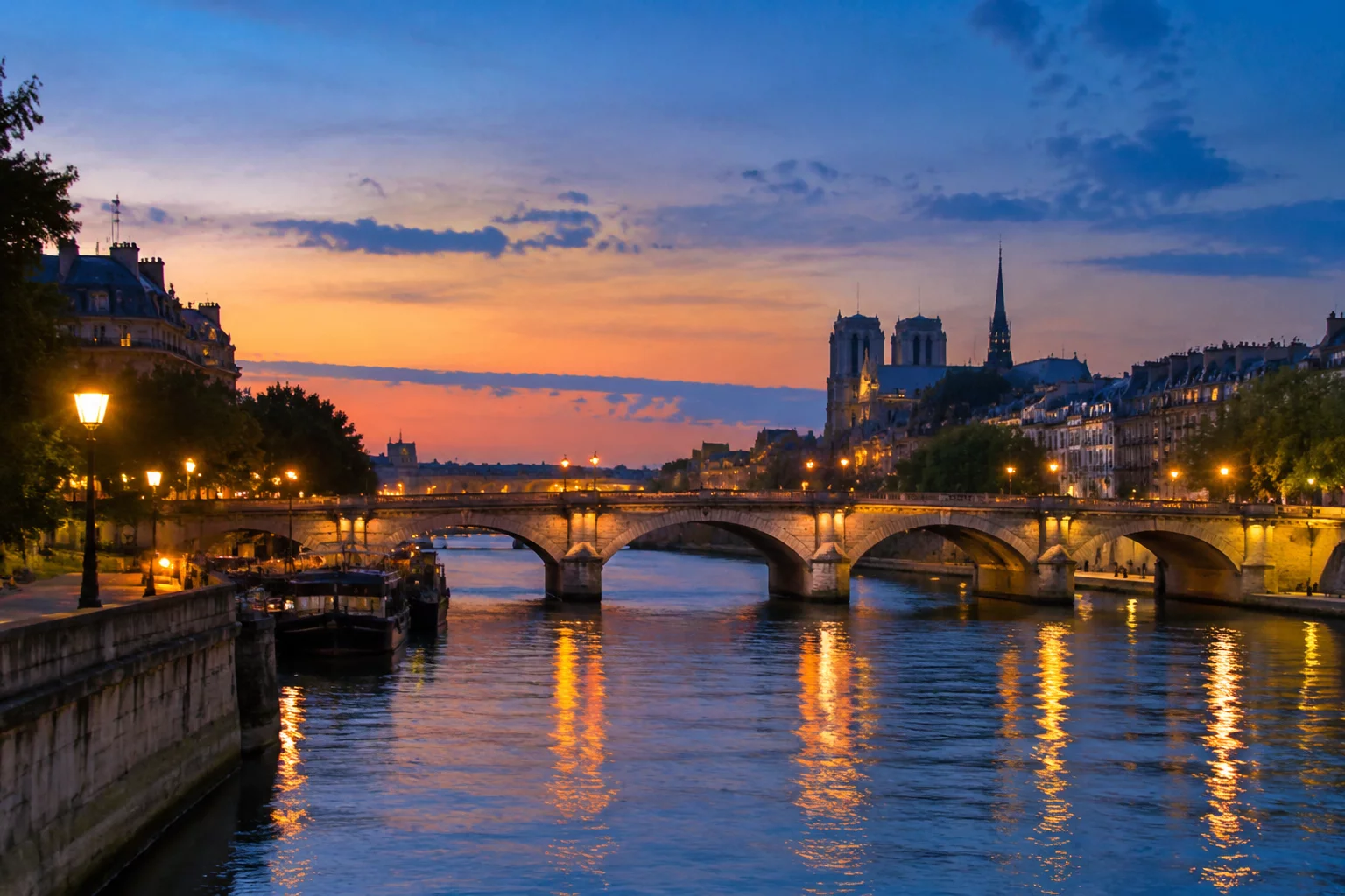 Quais de Seine au crépuscule avec pont historique et péniches